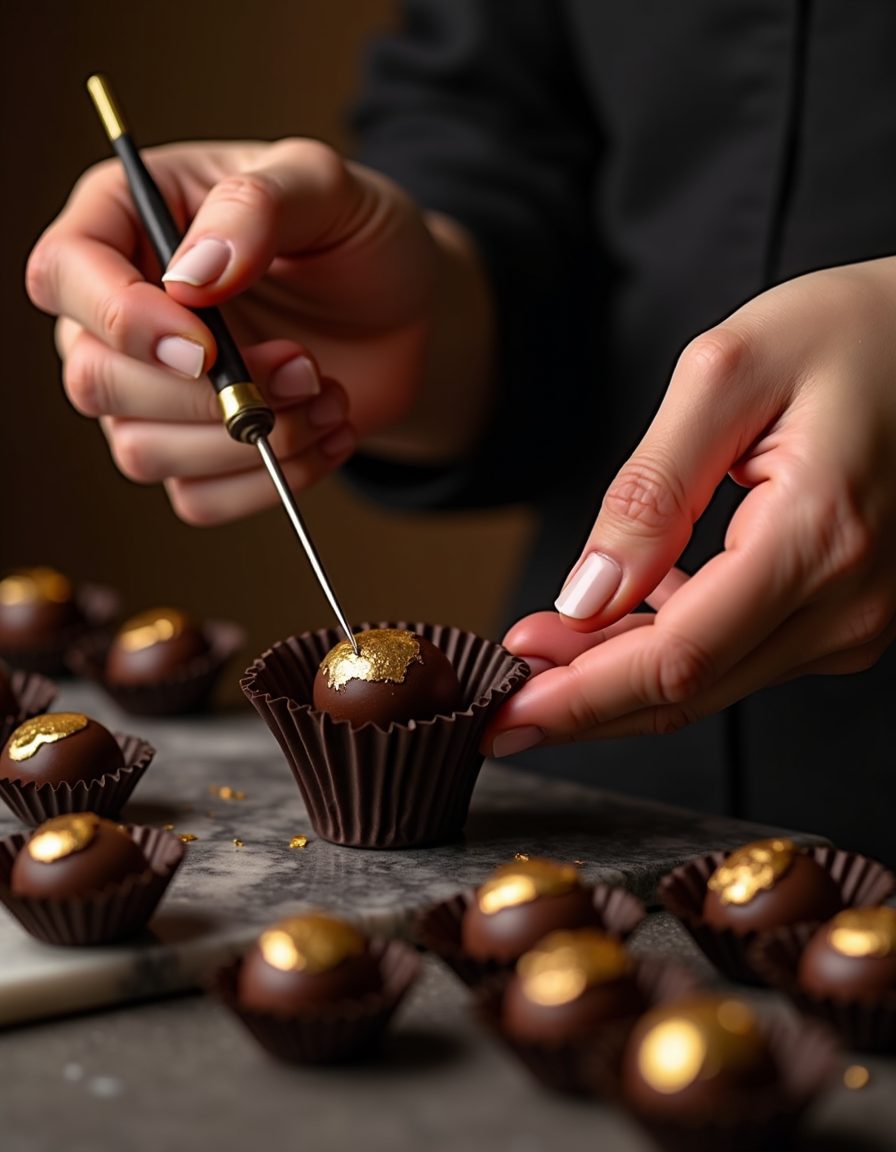 Manos de chocolatier terminando un bombón a mano